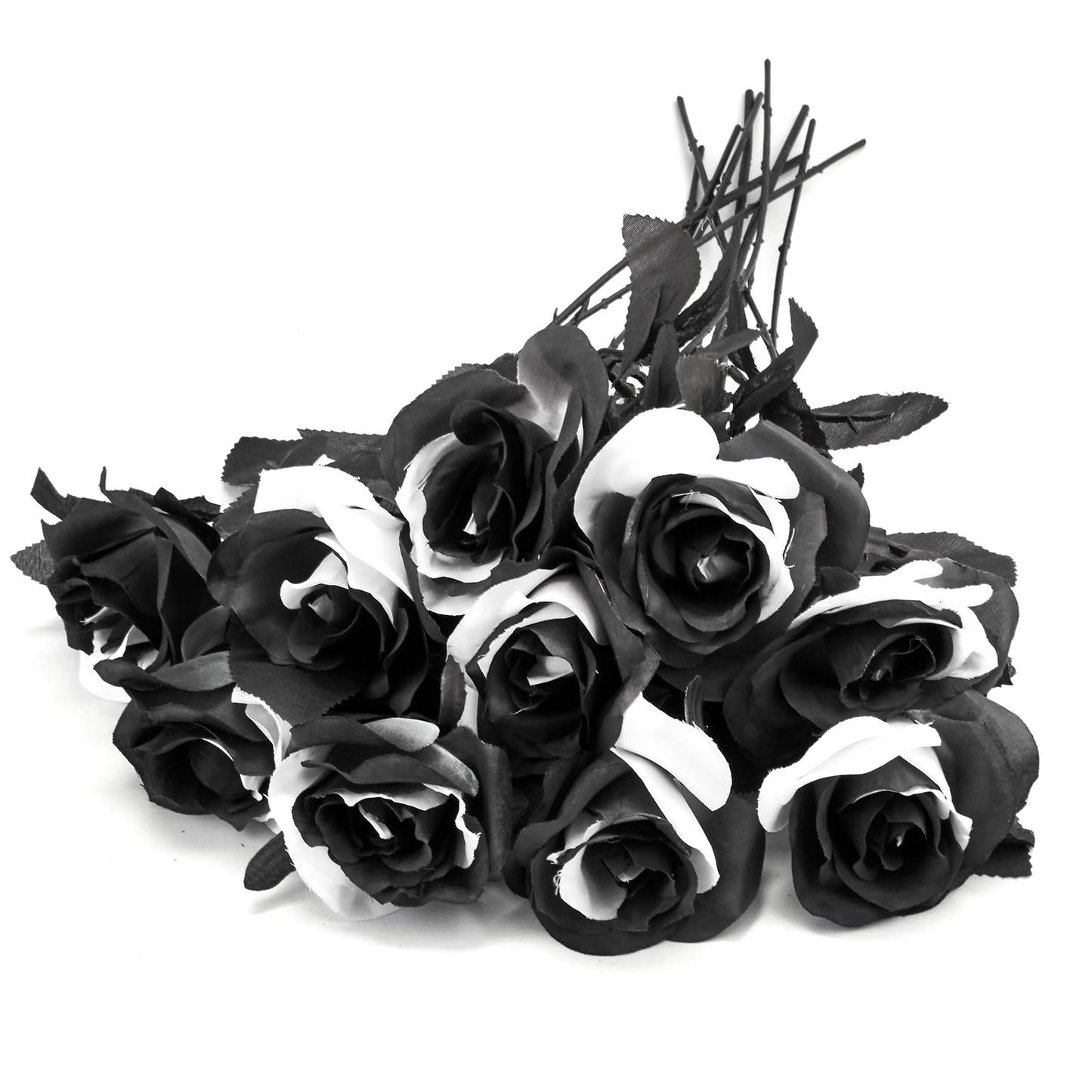 TUZAZO 10pcs Black and White Roses Artificial Flowers with Stems, Faux Silk Flowers Bridal Gothic Wedding Bouquet, Realistic Blossom Flora for Home, Office, Hotel Decorations