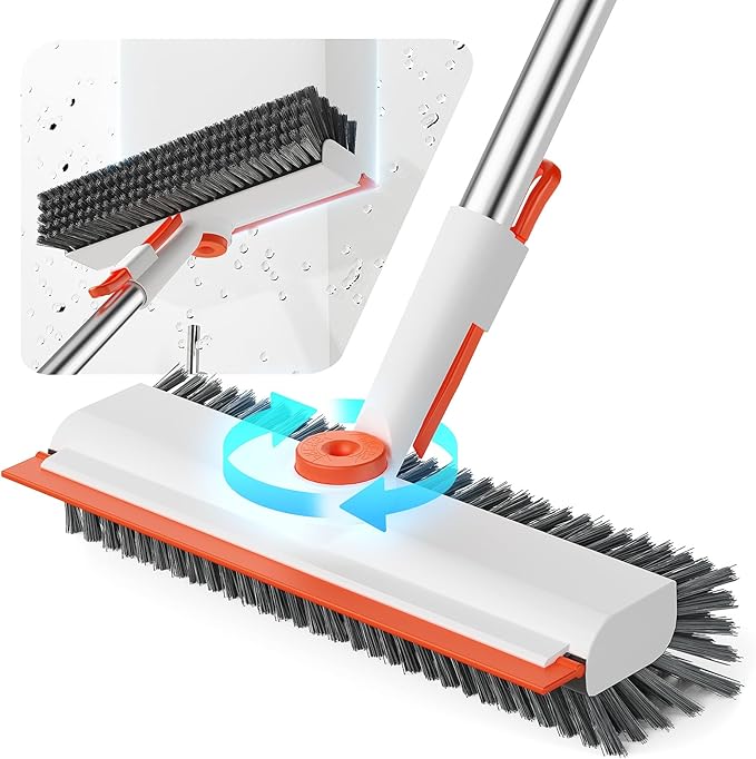 Floor Scrub Brush with Long Handle, 3 in 1 Scrape and Heavy-Duty Stiff Bristle