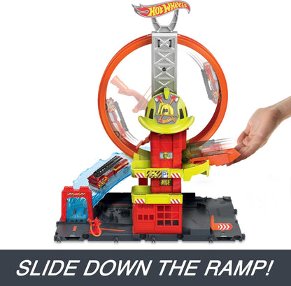 Hot Wheels City with 1 Toy Car, Kid-Powered Elevator, Water-Like Ramp, Track-Play Features, Connects to Other Sets, Fire Station with Super Loop, HKX41