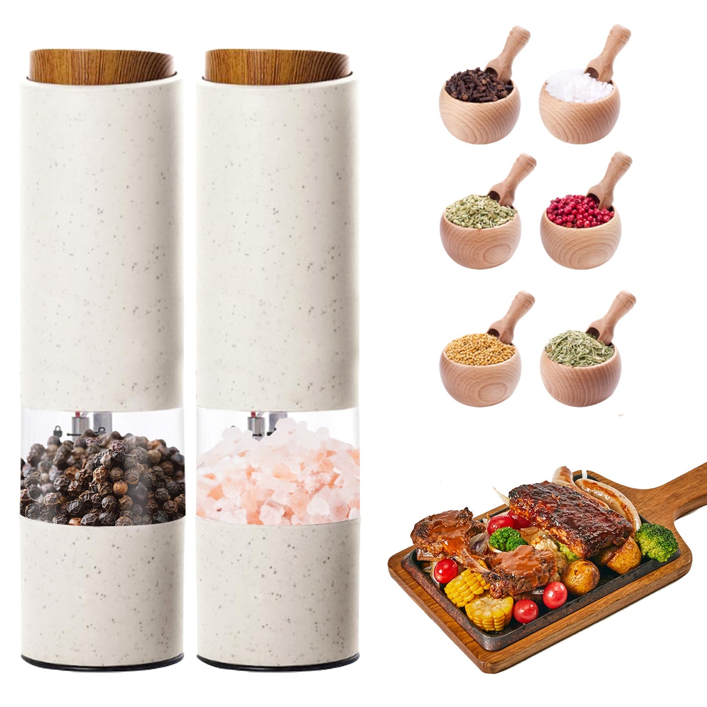 AmaCielo Electric Salt and Pepper Grinder, Pepper Grinder Set 2pcs, Wheat Straw Eco-friendly Material Automatic Pepper Salt Grinder, Adjustable Roughness, One Hand Operation
