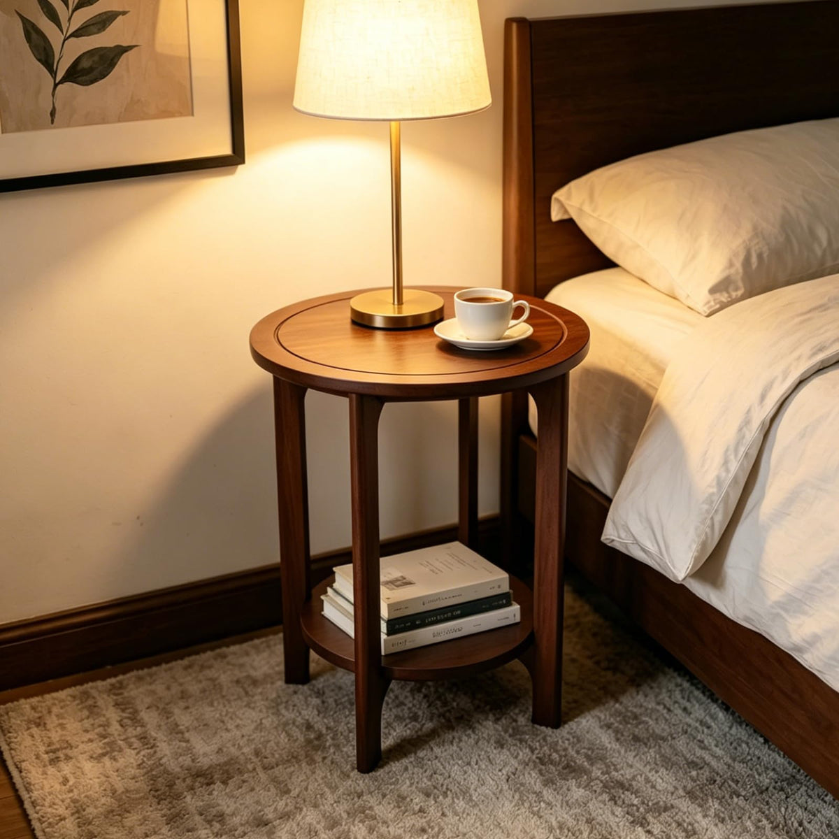 Small Round Side Table, 2-Tier Solid Wood End Table, Mid Century Modern Nightstand for Living Room, Bedroom, Easy Assembly (Walnut)
