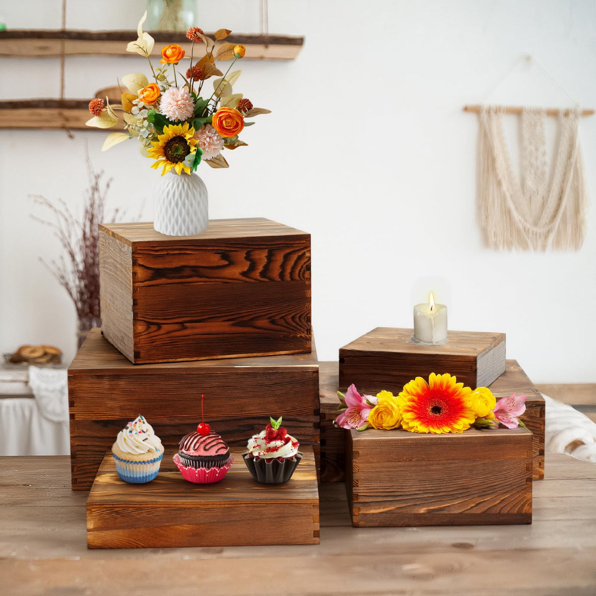 6 Pack Wooden Buffet Risers Rustic Wood Cupcake Stand Catering Supplies Buffet Display with Mini Signs Food Risers for Buffet Table Dessert Display Stand for Home Decor Party Wedding Birthday