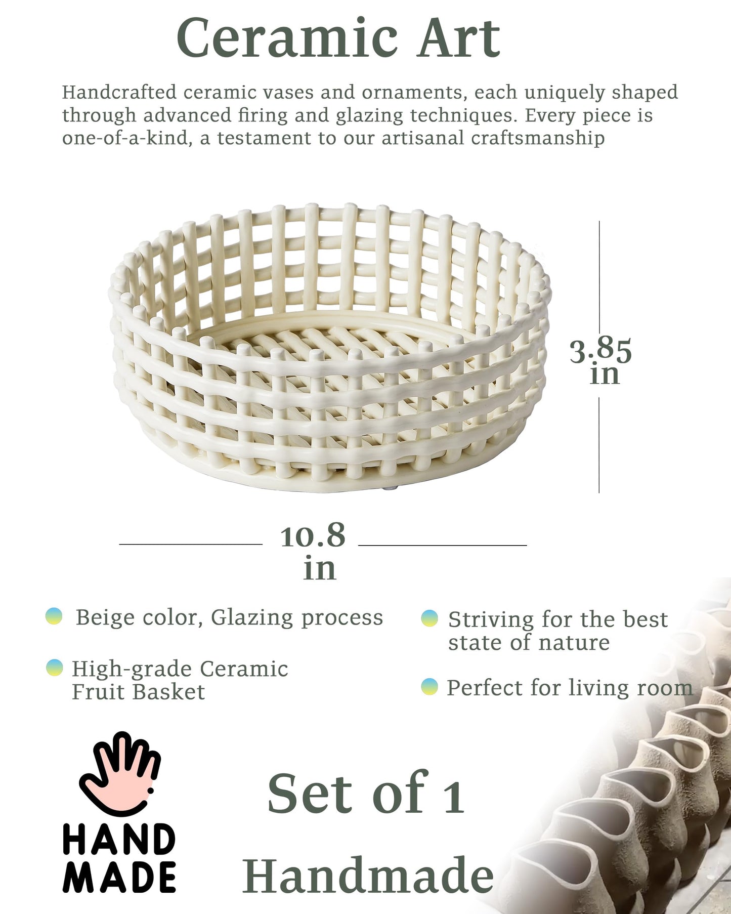 UPWOIGH Large Beige Circular Glazed Ceramic Fruit Basket Bowl, 10.8x3.85in Big Modern Table Decor Handmade Premium Personalized Ceramic Decorative Storage Organizer for kitchen, Breads,Vegetables,Gift