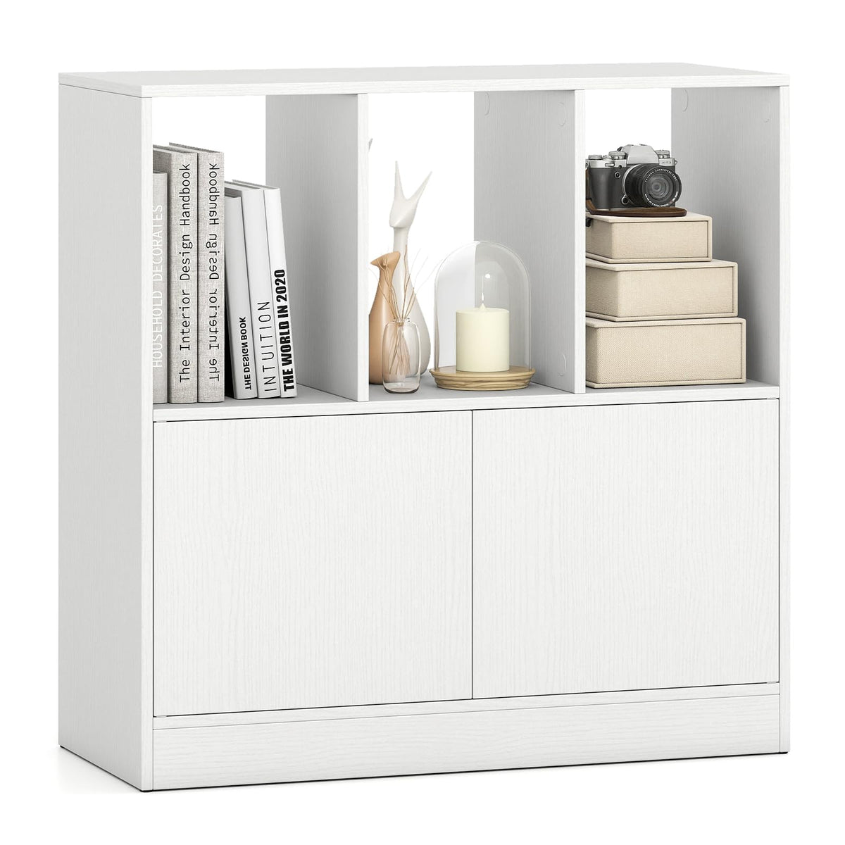 Giantex 3-Cube Bookcase with Doors, 3-Tier Cubic Bookshelf w/Open Compartments & Cabinet, Modern Display Shelf, Wooden Floor Freestanding Cubby Storage Organizer for Living Room, Study (1, White)