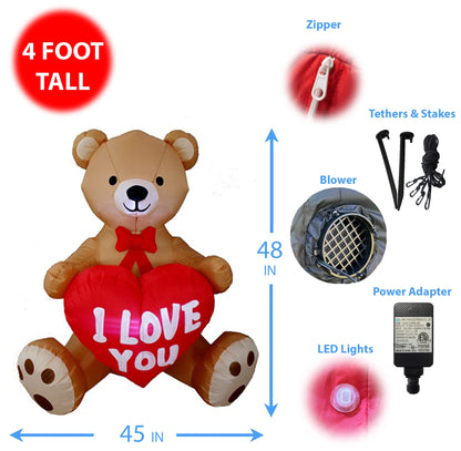 4 Foot Tall Valentine's Day Inflatable Teddy Bear with I Love You Heart Romantic Sweet Valentines Gift for Couples, Pre-Lit LED Lights Outdoor Indoor Holiday Blow up Lighted Yard Decoration