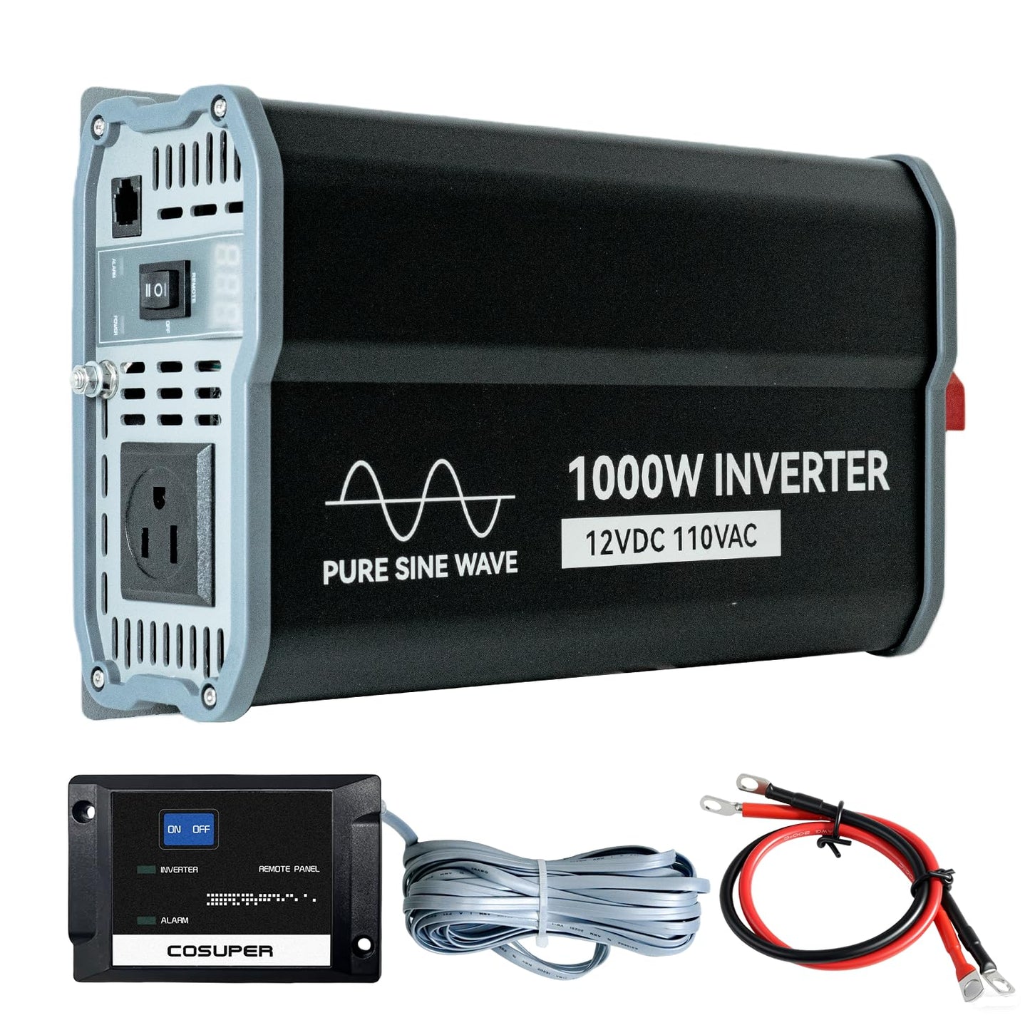 1000W Pure Sine Wave Inverter, 12V DC to 110V/120V AC Power Converter with 16.4 ft Remote Control, Built-in AC Outlet, LCD Display for RV, Truck, Home, Off-Grid, Camping, Peak Surge 2000W