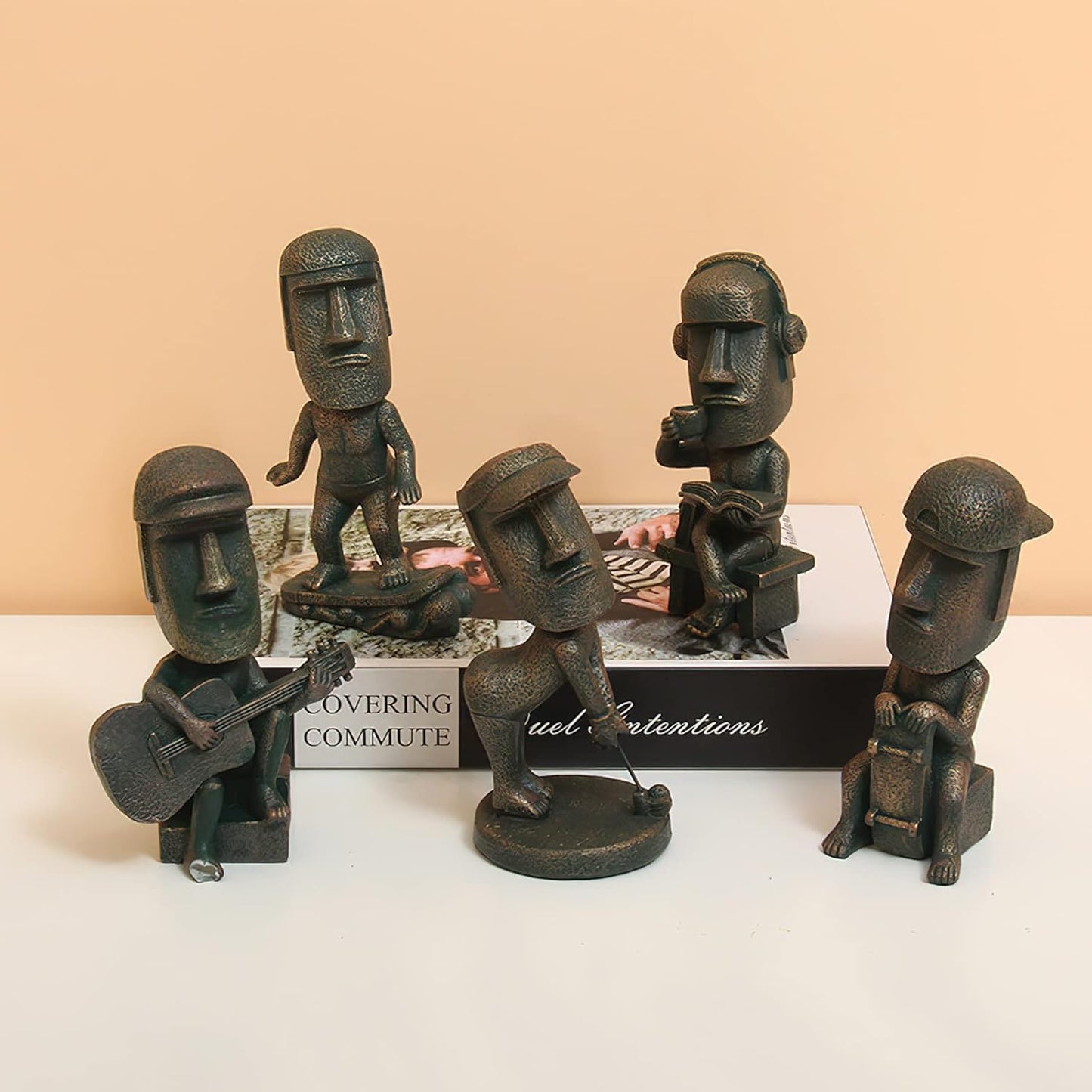 DUPOCHU Moai Statue Decor 6-Inch Easter Island Ornament, Resin Stone Sculpture for Home Shelf Accents, Antique Desktop Decoration Accessories for Office Shelf (Play Golf)