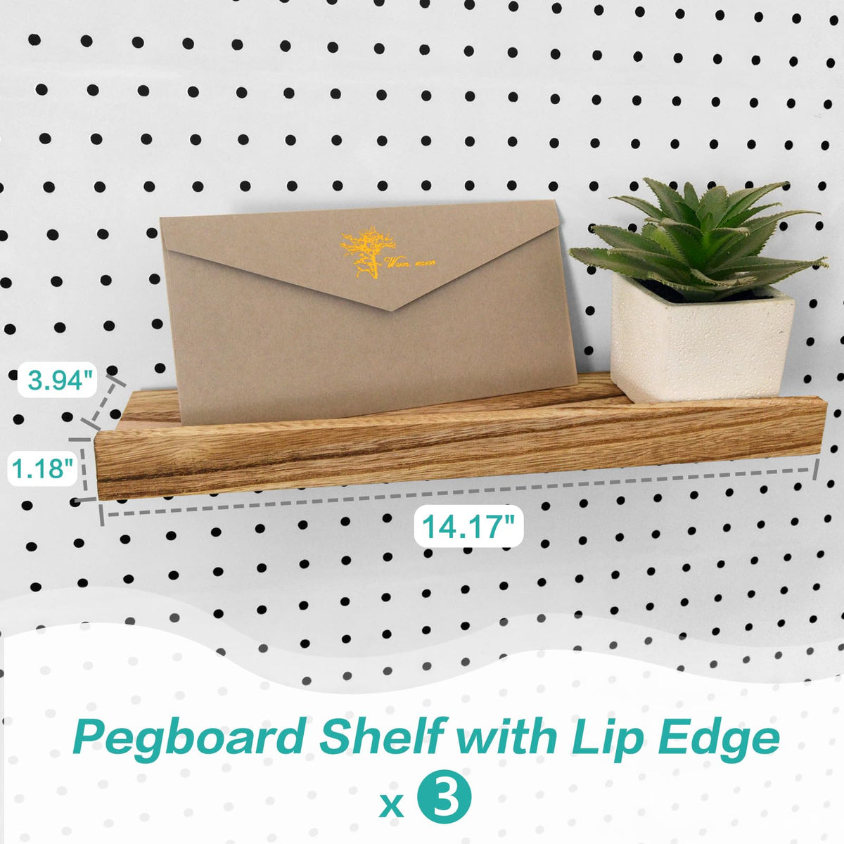 Wood Pegboard Shelves with Lip, 14" x 4" Peg Board Racks 3Pack Wall Organizer Shelf, 1/4 inch Heavy Duty Metal Brackets Fit All Pegboards, Display Craft Garage Workbench Office Shelving Accessories