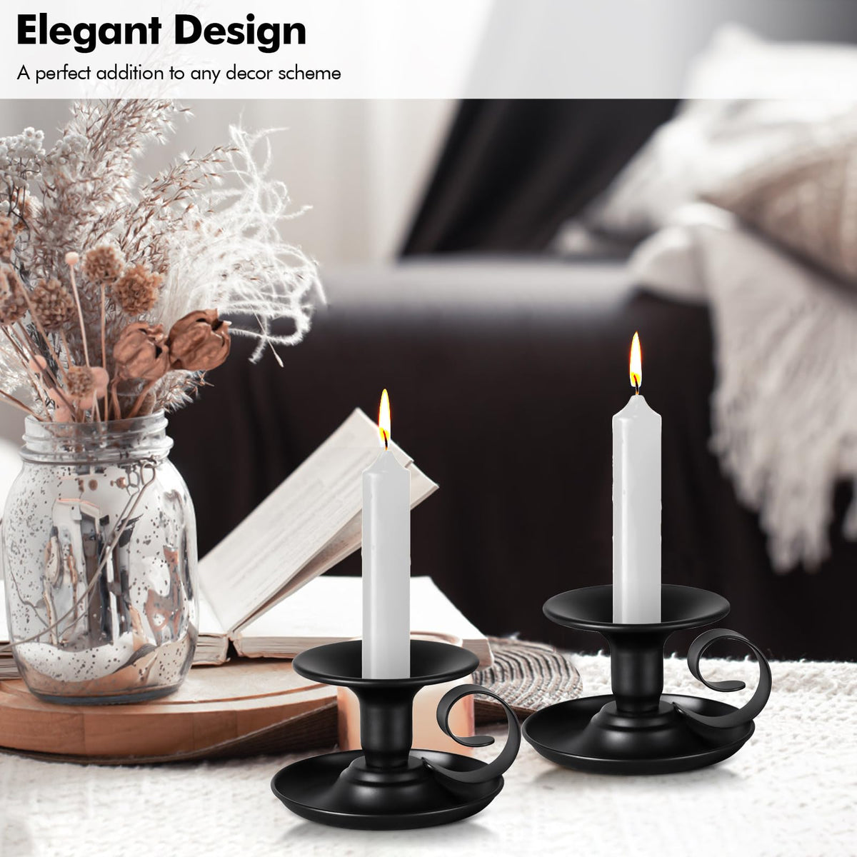 Lunhoo 2 Pack Candle Stick Holder, Metal Taper Candlelight Stand for Party Wedding Christmas Table Home Decoration (Black)