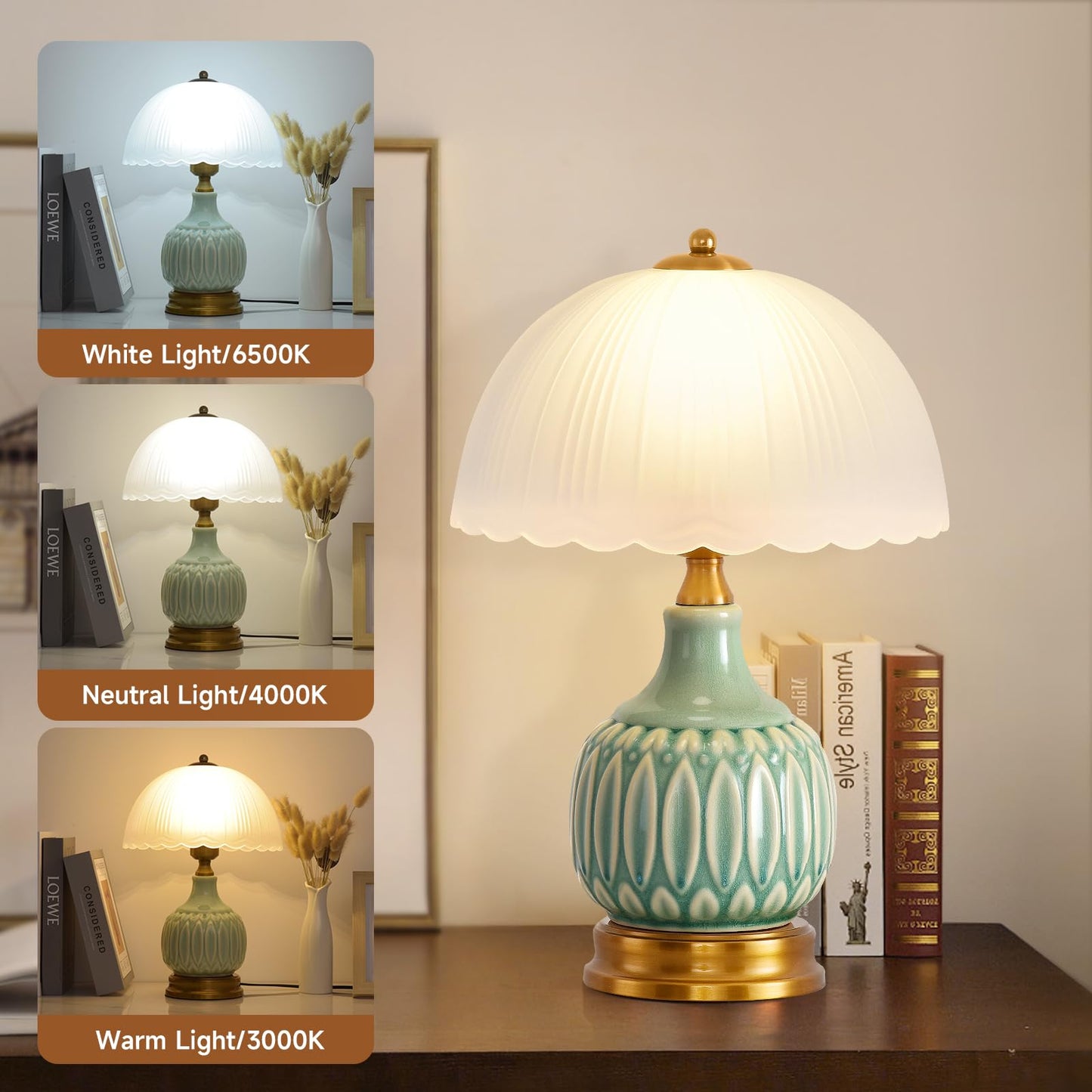WELAISA Table Lamps Ceramic Retro Lamp for Living Room,15.7" Modern Bedside Nightstand Traditional Lamps, Classic Chinoiserie Green Glass Lamp for Home (Retro)