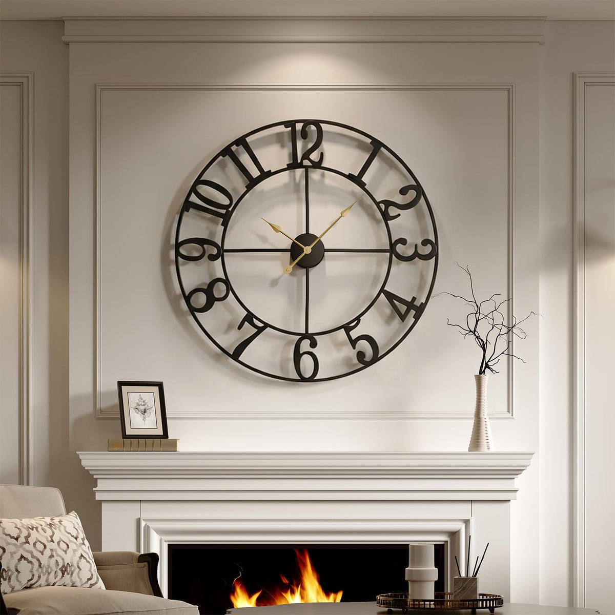 Cuspin Large Wall Clock for Living Room Decor, 30 Inch Wall Clock Battery-Operated Silent Non Ticking, Modern Black Decorative Metal Clock with Arabic Numerals