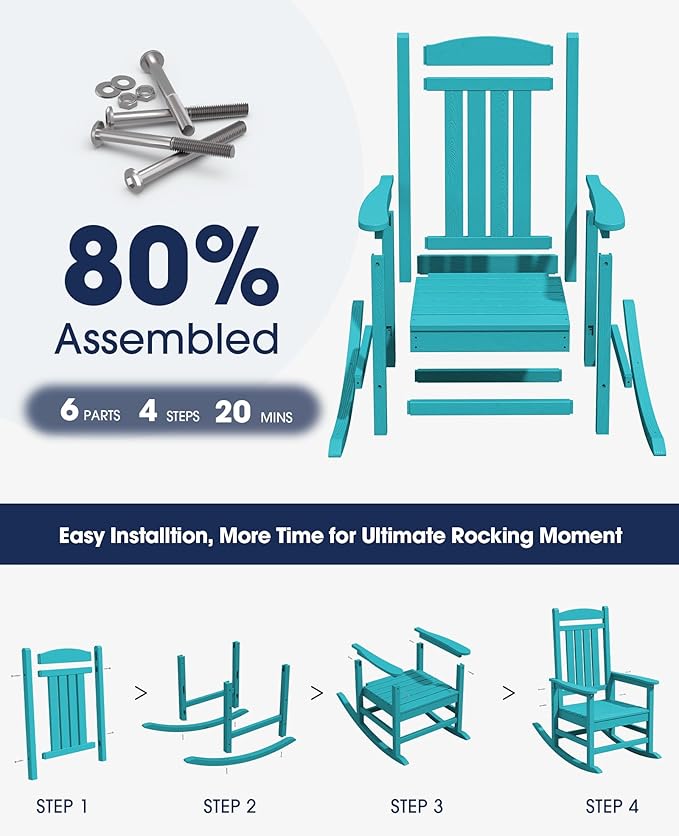 KINGYES HDPE Rocking Chairs Outdoor, Patio Rocking Chairs with 330lbs Support, Smooth Porch Rocker for Deck Lawn Yard, Aruba Blue