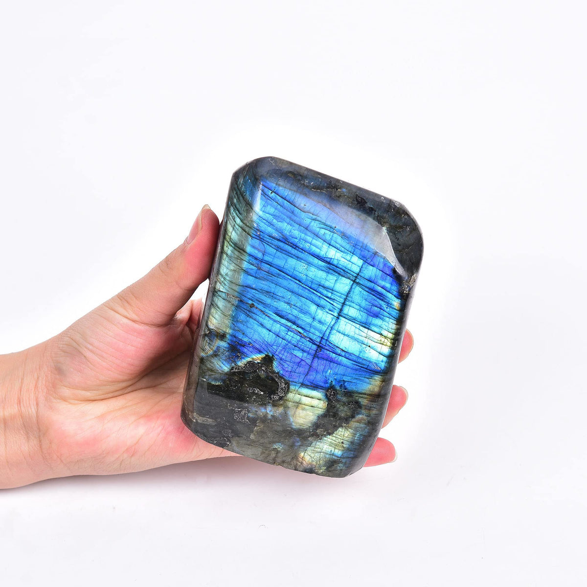 AMOYSTONE Decorative Stone Large Labradorite Rock Slab Polished Crystal Aura Healing Reiki Home Decor 1.7-2 LBS