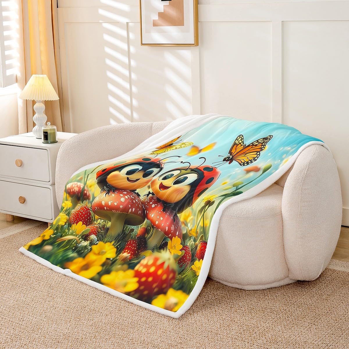 Erosebridal Cute Ladybugs Throw Bed Blanket Throw 50"X60" for Kids Boys Girls,Cartoon Ladybird Animal Fleece Blankets Kawaii Reptile Rustic Sherpa Blankets Spring Mushroom Butterfly Fuzzy Blanket