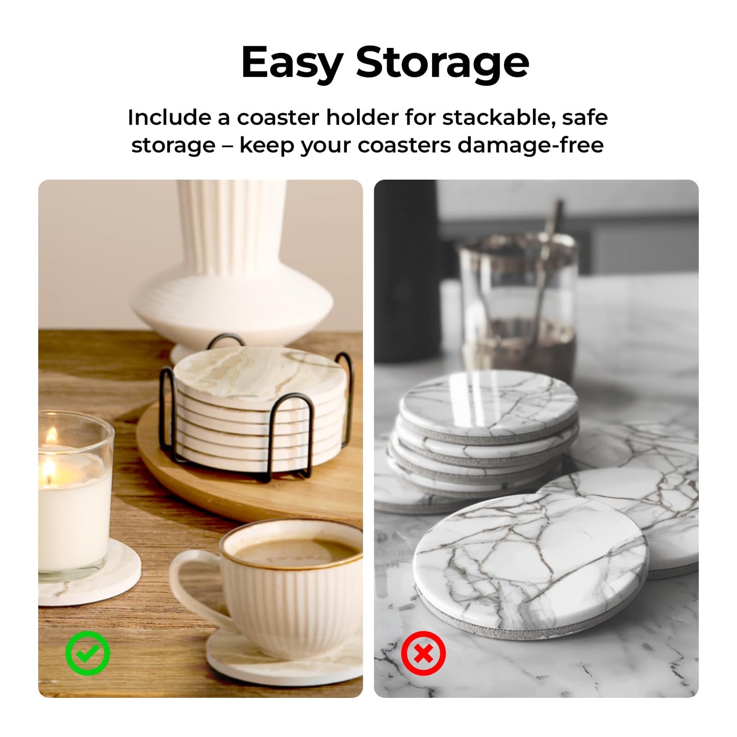 LlFVER Coasters Set of 8, Absorbent Drink Coaster with Holder, Marble Style Ceramic Stone Coasters for Drinks Coffee Tabletop Protection, Modern Furniture Coaster for Home Decor House Warming Gifts