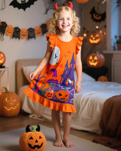 Sylfairy Girls Halloween Nightgown, Cat Toddler Nightgown Princess Pajama Dresses for Girls Sleepwear Nightie Orange 8 Years 9 Years