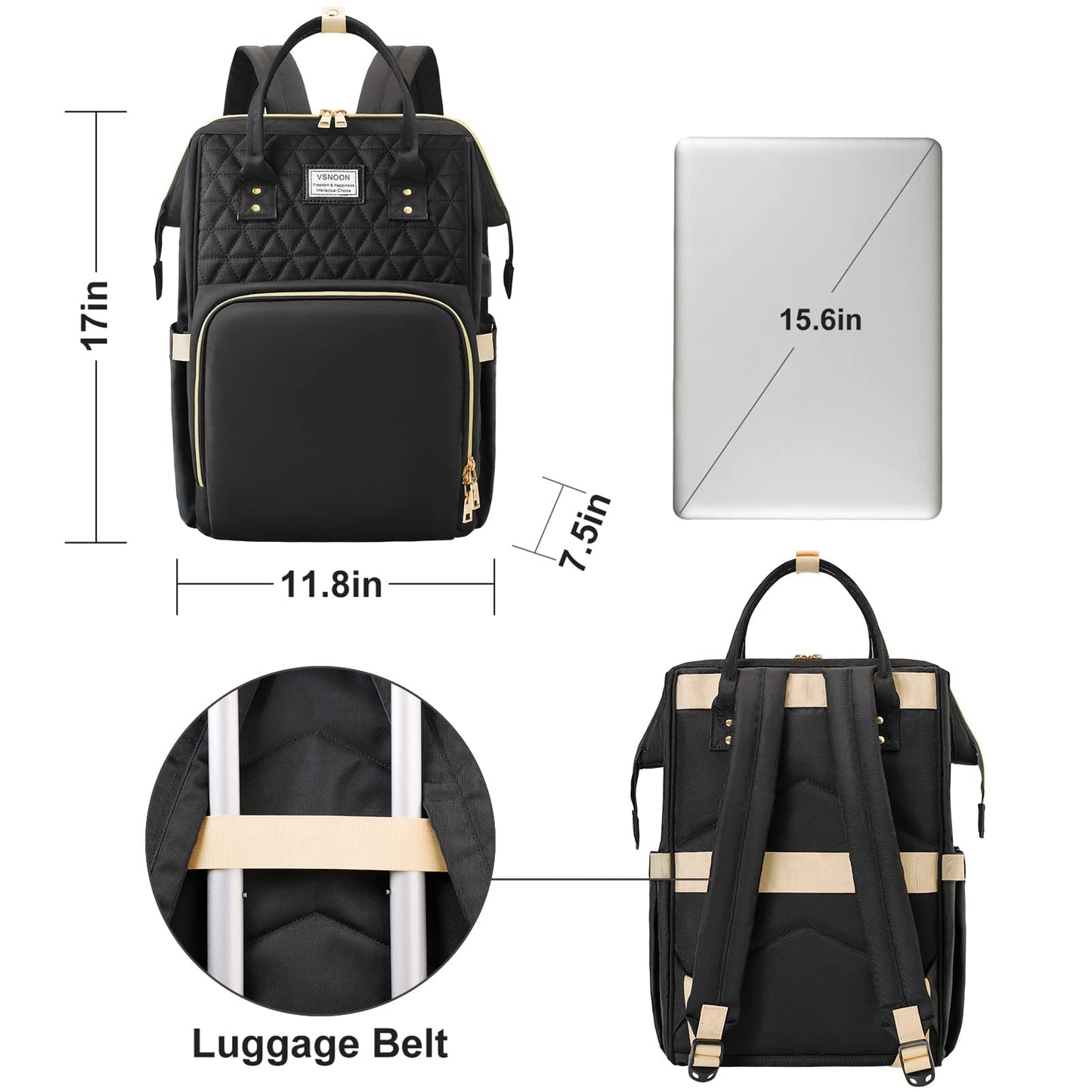 VSNOON Laptop Backpack for Women,15.6 Inch Stylish Laptop Rucksack Wide Open, Travel Backpack with USB Charging Port, Water Resistant Work Bag Computer Backpack for Women, Black