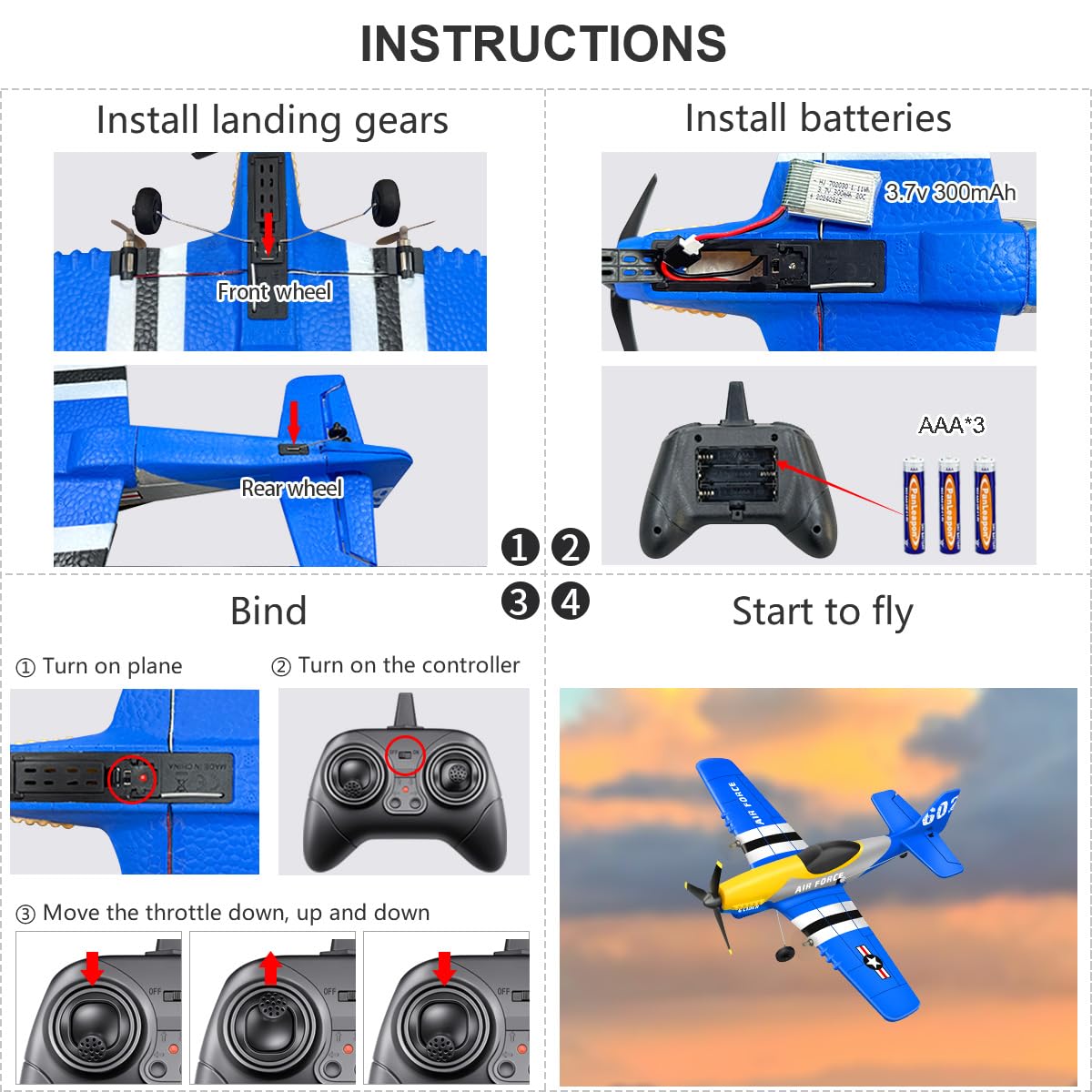HAWK'S WORK 3 Channel RC Plane P-51D Mustang, Remote Control Airplane Ready to Fly, 2.4GHz 6-axis Gyro Stabilizer, Easy to Fly for Kids & Beginners