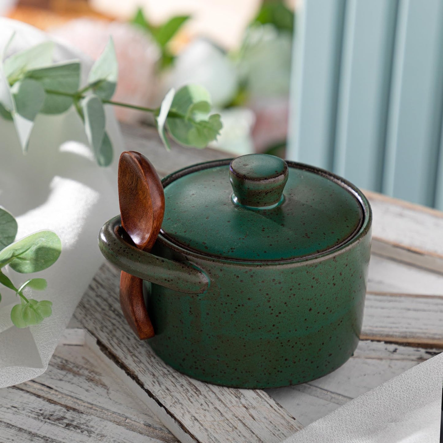 Honeydak Speckled Ceramic Salt Cellar with Lid and Wooden Spoon, Rustic Farmhouse Salt Pepper Cellar Holder for Mothers Day, Housewarming Gift, Heavyweight Spices Jar(Green,1 Set)