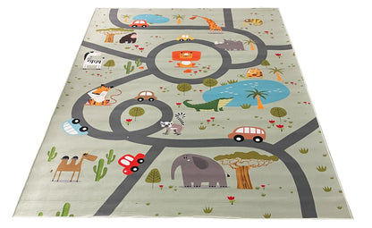 the carpet Happy Life Play mat, washable, for children's rooms, designs: street, road, jungle, animals and cars, green-2, 80 x 150 cm