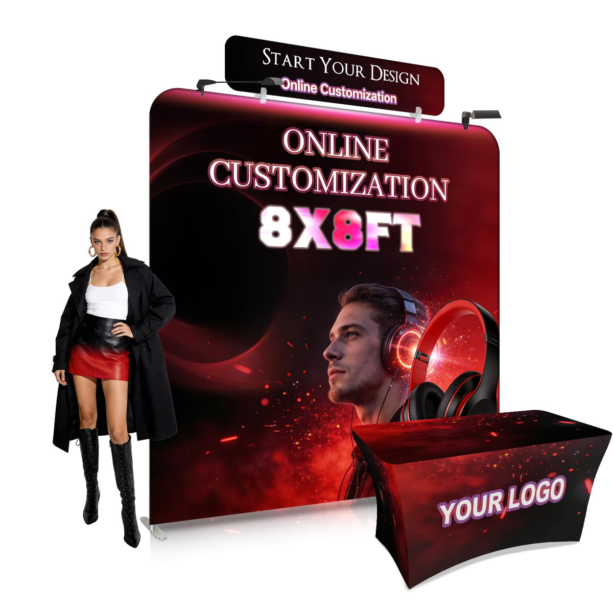 Custom Tension Fabric Display Backdrop with Header Banner for Trade Show Booth Display, Step and Repeat Banner Stand Sign Holders for Tradeshow, Business, Weddings & Events (Frame+Banner,8x8FT)