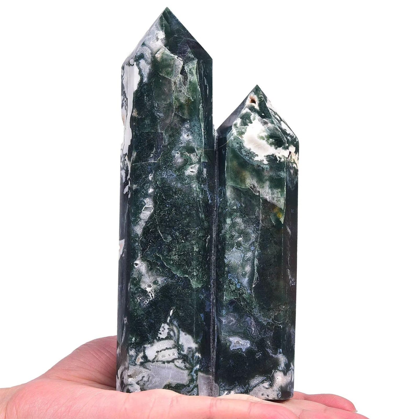 VIZYTOU Large Heaing Crystal Stone Tower Two Pointed Wand Column Moss Agate Obelisk Meditation Stone 1.7-2.2 Pound