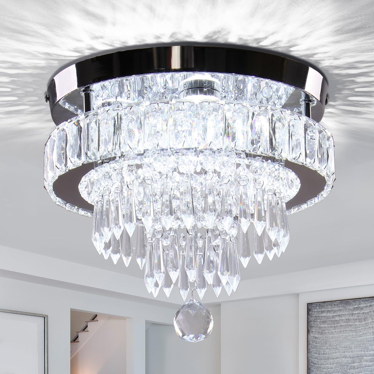 Finktonglan 11.8" Crystal Chandeliers, Morden Crystal Ceiling Light LED Small Chandeliers Semi Flush Mount Chandelier Room Light for Bedrooms Living Room Hallway (6500K White Light)
