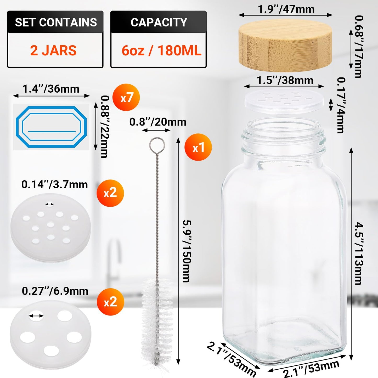 Segarty 6oz Spices Jars with Bamboo Shaker Lids, 2 PCS 180ml Square Spice Containers, Empty Glass Seasoning Organizers for Spices Herbs Storage, Large Salt and Pepper Shakers with 7 Stickers, 1 Brush