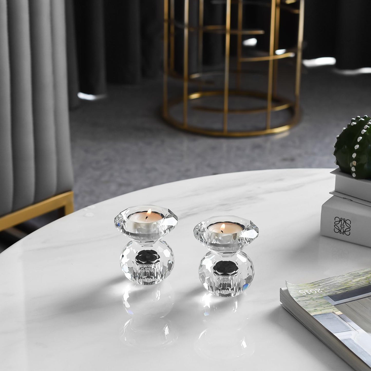 DONOUCLS Reversible Crystal Candle Holders Pack of 2, Clear Tealight or Taper Candlesticks, Table Centerpiece Home Decor for Wedding, Dining, Party(3.1in Tall)