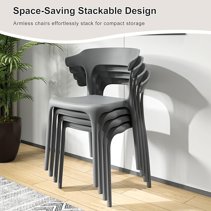 VECELO 4 Pack Plastic Stacking Chairs, Stackable Dining Chairs for Kitchen Restaurant Patio, Portable Indoor Outdoor Use, No Assembly Required, Gray