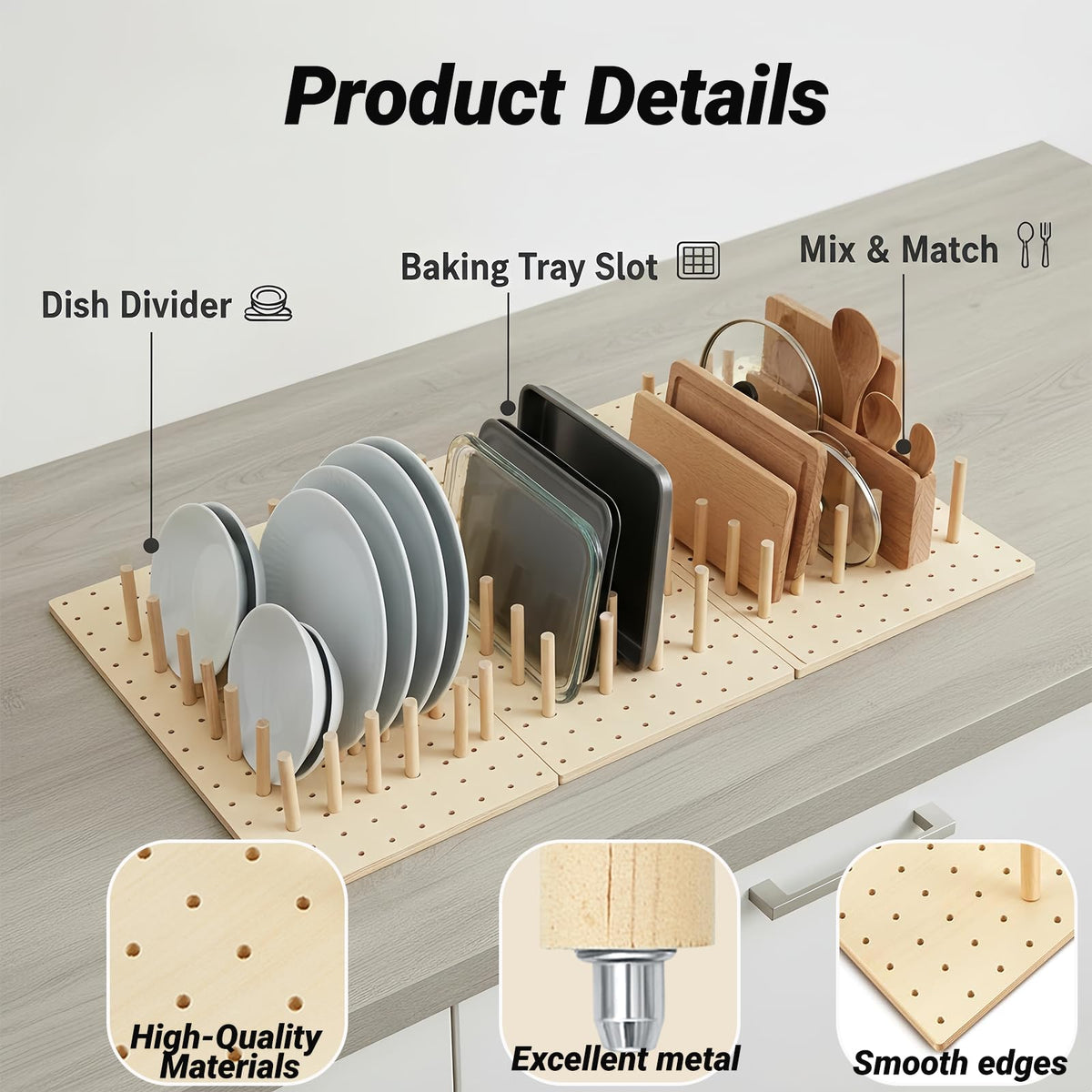 Wooden Pegboard Drawer Organizer for Kitchen - 3 Pack Adjustable Drawer Organizer with 24 Pegs Wooden, Drawer Organizer Kitchen Utensils, Wood Drawer Organizers for Kitchen Countertops & Deep Drawe