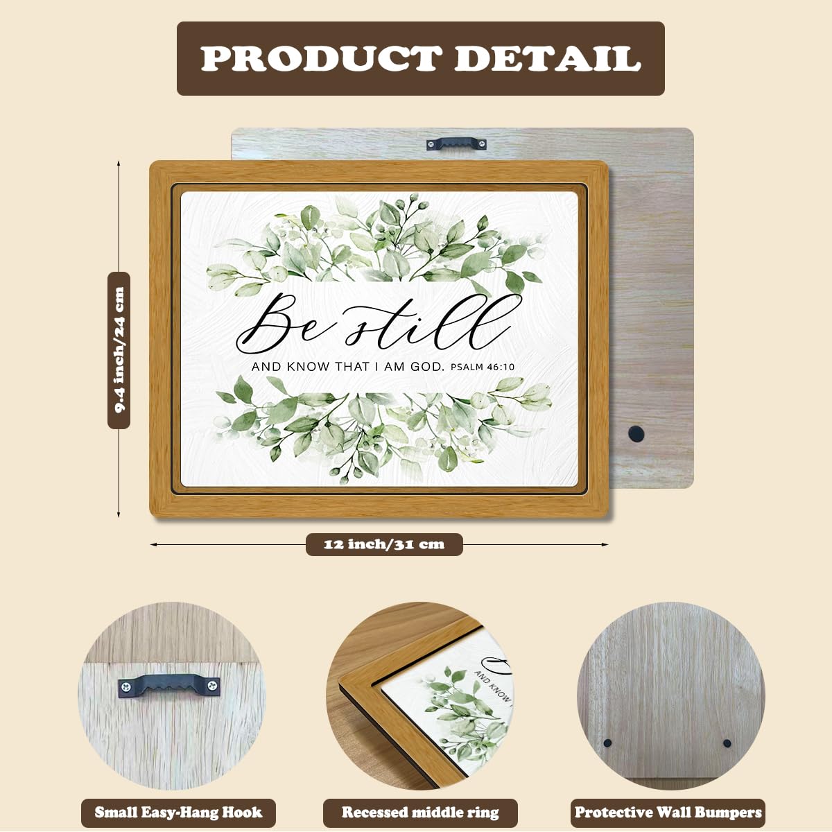 BIWSHA Rustic Farmhouse Christian Bible Verses Wall Art Decor, Inspirational Botanical Sage Green Wooden Framed Wall Hanging Art Decor for Home Office Bedroom, Be Still PSALM 46, 12x9.4in