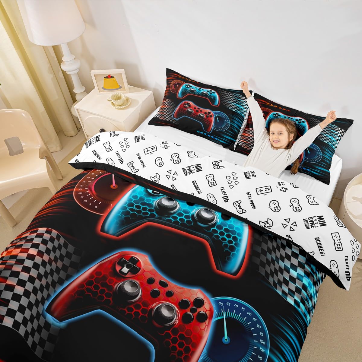 Gaming Gamepad Kids Duvet Cover Set Queen Size,Video Games Controller Race Flags Bedding Set,Boys Girls Men Room Decor,Geometric Honeycomb Hexagon Comforter Cover,Red Blue Quilt Cover,2 Pillowcases