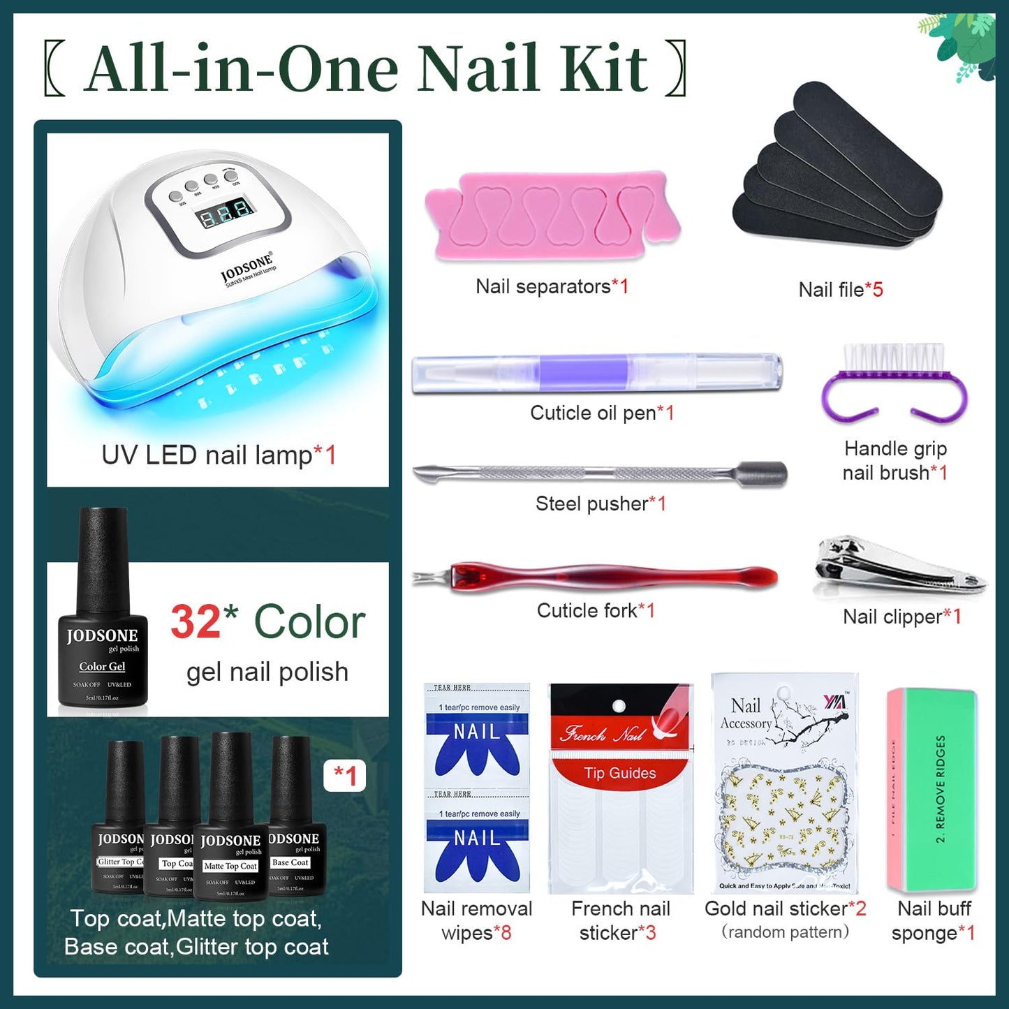 JODSONE Gel Nail Polish Kit with U V Light 32 Colors Gel Polish Nail + 4 Functional Adhesive Bottles Kit Soak Off Manicure Tools Gifts for Women