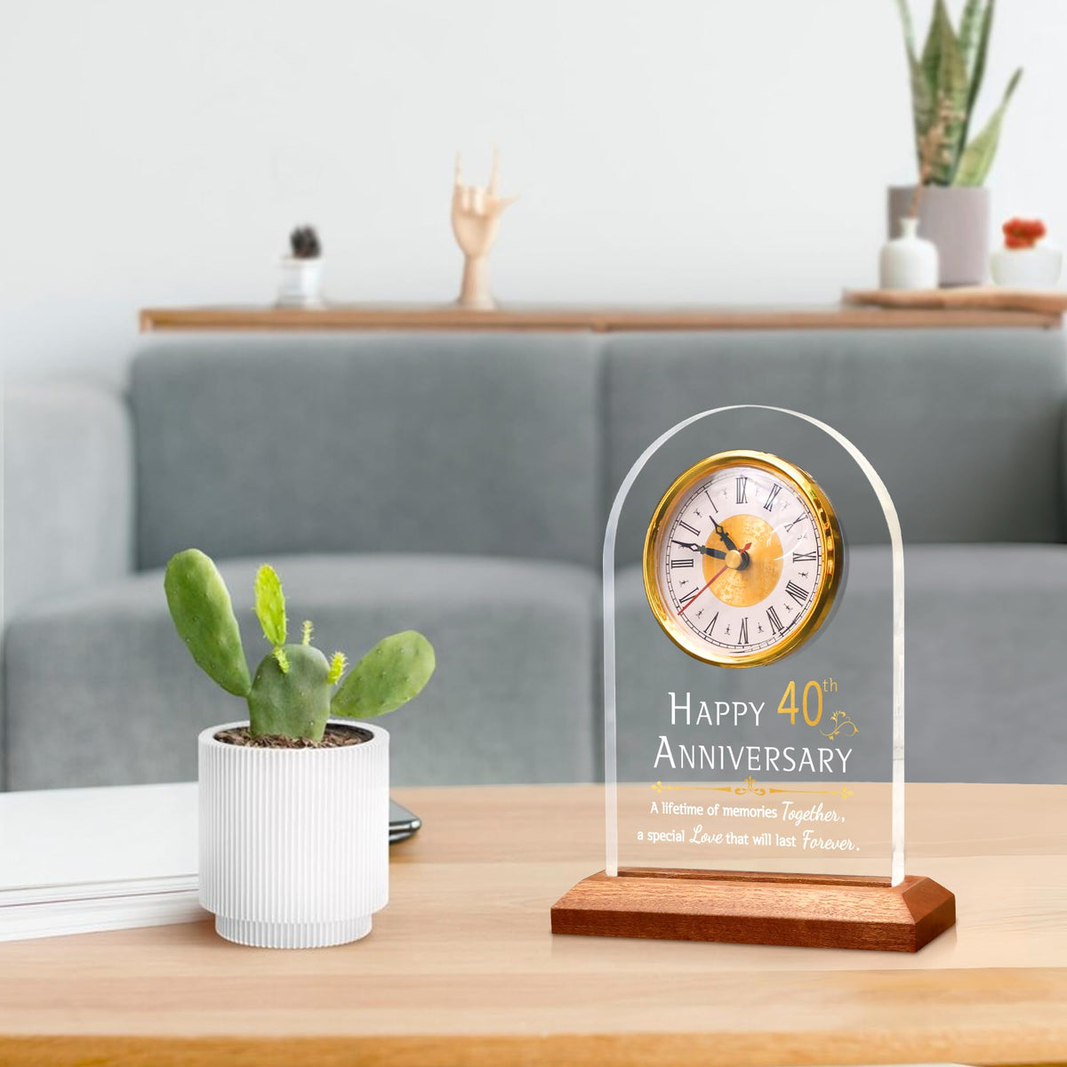 OkiyiD 40th Wedding, Light Up Anniversary Clock with LED Wooden Base for Couples Parents Bedroom Decor, Happy 40th for Husband Wife