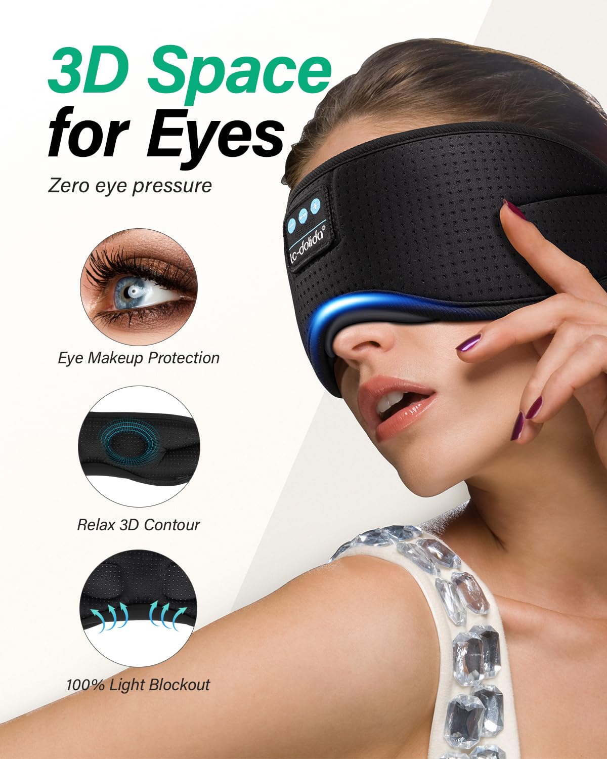 LC-dolida Sleep Headphones, White Noise Bluetooth Sleep Mask 3D Wireless Timing Eye Mask for Sleeping, Sleep Mask with Bluetooth Headphones for Side Sleepers Travel Yoga, Cool Gadgets for Men Women
