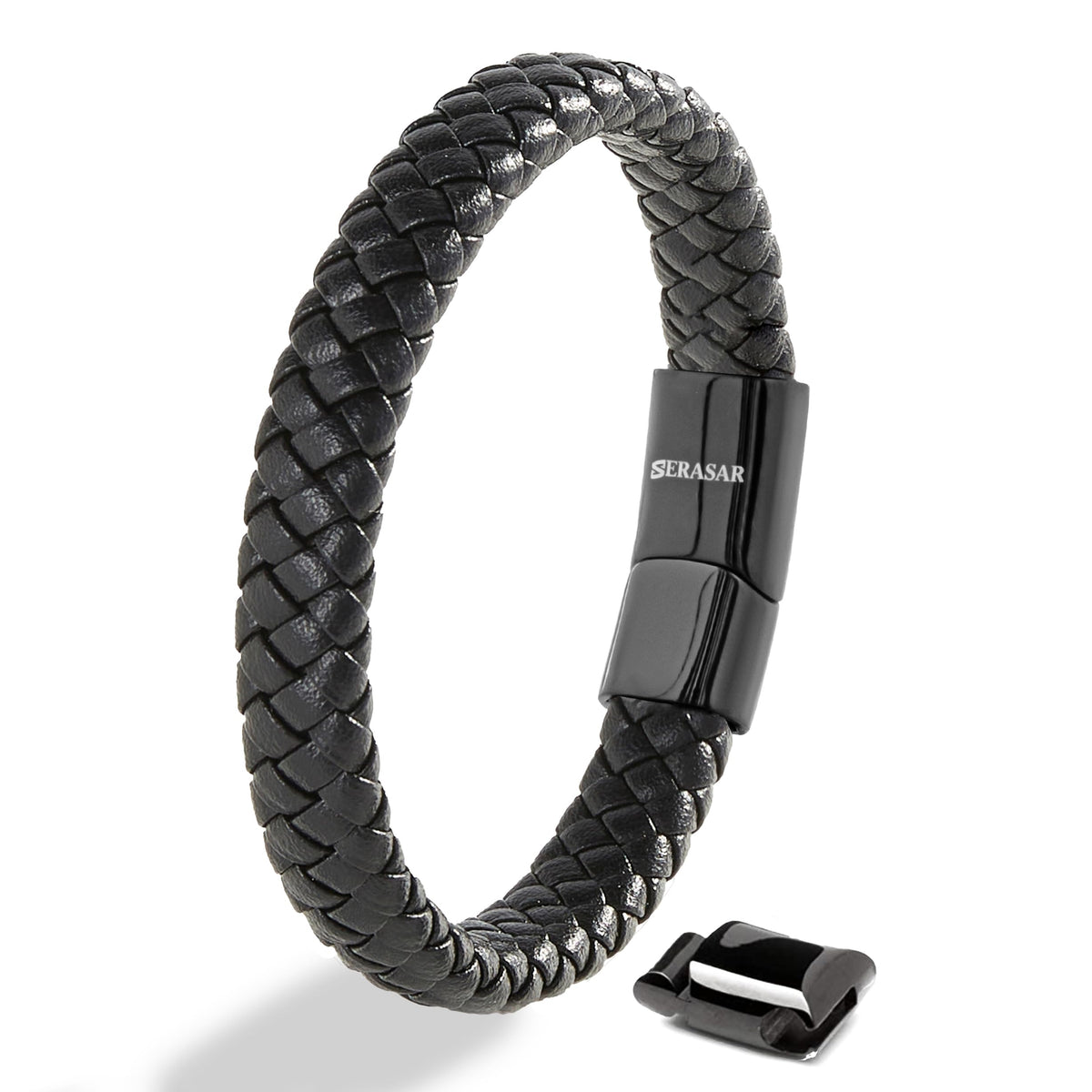 SERASAR Pulsera de Cuero Negro para Hombre, 17cm, Caja Regalo, Real, Piel Vaca, Ajustable, Cierre Magnético, Cuerda Envoltura, Masculino, Pulseras, Banda, Joyas, Imán