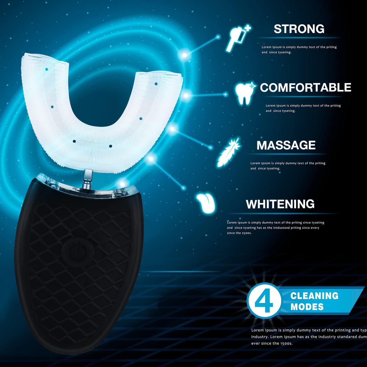 Romooa 2 Pieces Ultrasonic Electric Toothbrush Adults U Shaped Automatic Toothbrushes for Teeth Whitening, 3 Brush Heads, Whole Mouth 360 Degree Cleaning Hands Rechargeable IPX7 Waterproof (No Base)