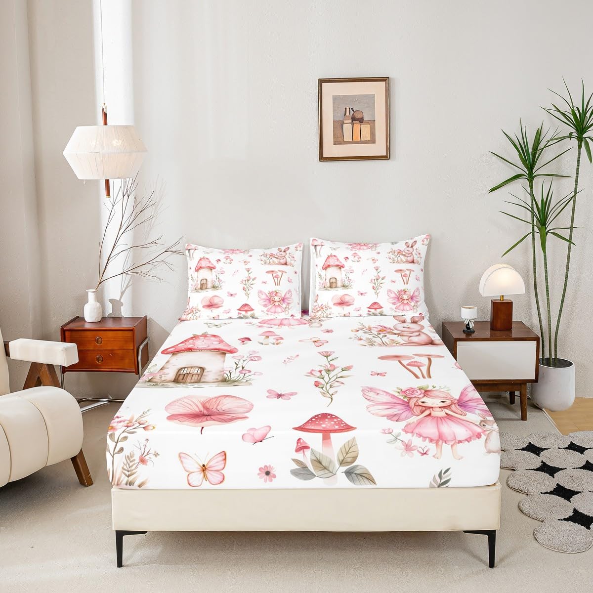 Erosebridal Fairy Garden Twin Bedding Set - Mushroom Floral Butterfly Fitted Sheet for Kids Girls, Pink Flower Bunny Bottom Sheets Only | Forest Themed Fairies Bed Set 2 Piece Room Decor