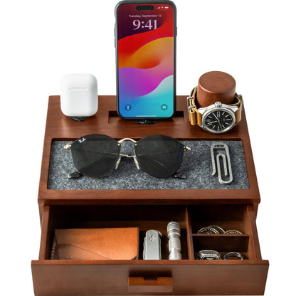 Holme & Hadfield Premium Wooden Phone Docking Station with Drawer – Nightstand Organizer for Charging Phone & Earbuds – Declutter Your Space with Felt-Lined Protection & Watch Pillar - Gift For Men