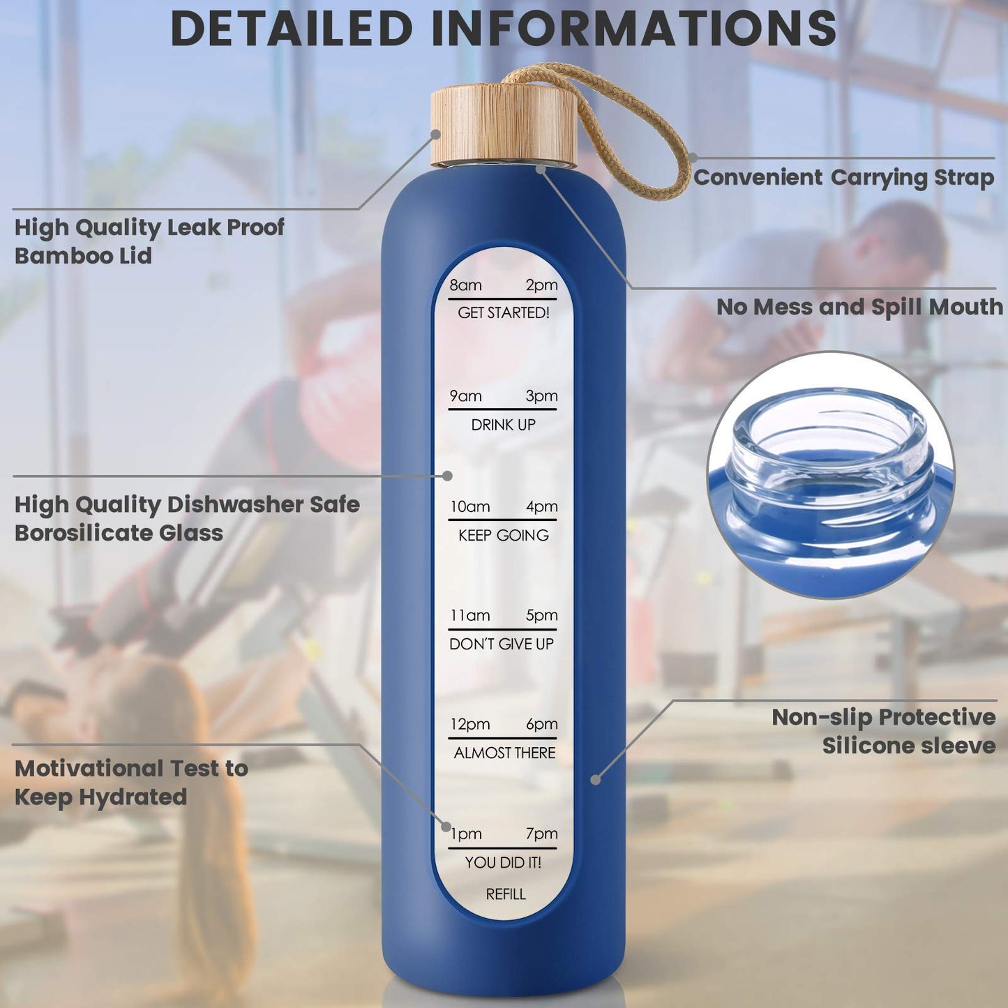 PROBTTL 32 Oz Borosilicate Glass Water Bottle with Time Marker Reminder Quotes, 1 Liter Leak Proof Reusable BPA Free Motivational Water Bottles with Silicone Sleeve and Bamboo Lid (Navy Blue)