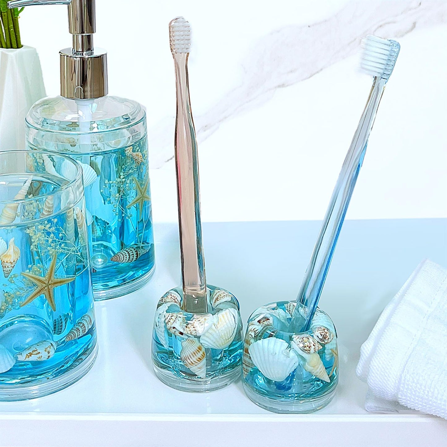 FONMY Mini Couple Toothbrush Holder Stand-Acrylic w/Nature Seashell Handmade Seascape Razor Holders Organizer for Bathroom Vanity Countertops Office Unique Gifts and Home Decoration,Sea Blue,Pack of 2