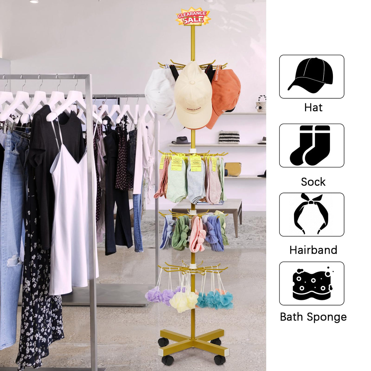 Exttlliy Retail Display Stand 5 Tier Metal Spinning Display Rack with Wheels Keychain Jewelry Stocking Hat Display Stand with Hooks for Malls, Showroom, Retail Store (Gold)