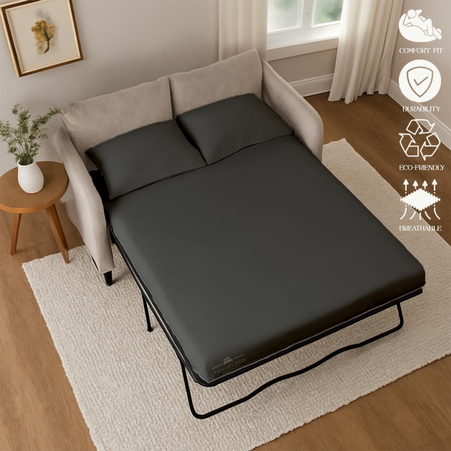 Sleeper Sofa Bed Sheet, 100% Cotton 400 Thread Count, 4 Piece Set, Deep Pocket Fitted Sheet, Soft Wrinkle Free & Breathable, Luxury Hotel Quality, Fits Up to 6 Inch Mattress (Full, Dark Grey)