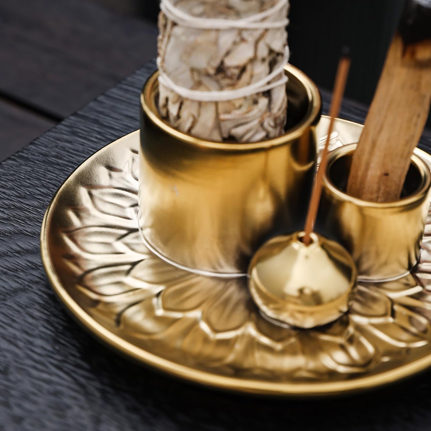 4 in 1 Incense Burner Holder with Ash Catcher, Gold-Plated Ceramic Tray for Burning Incense Sticks, White Sage, Palo Santo, Candle
