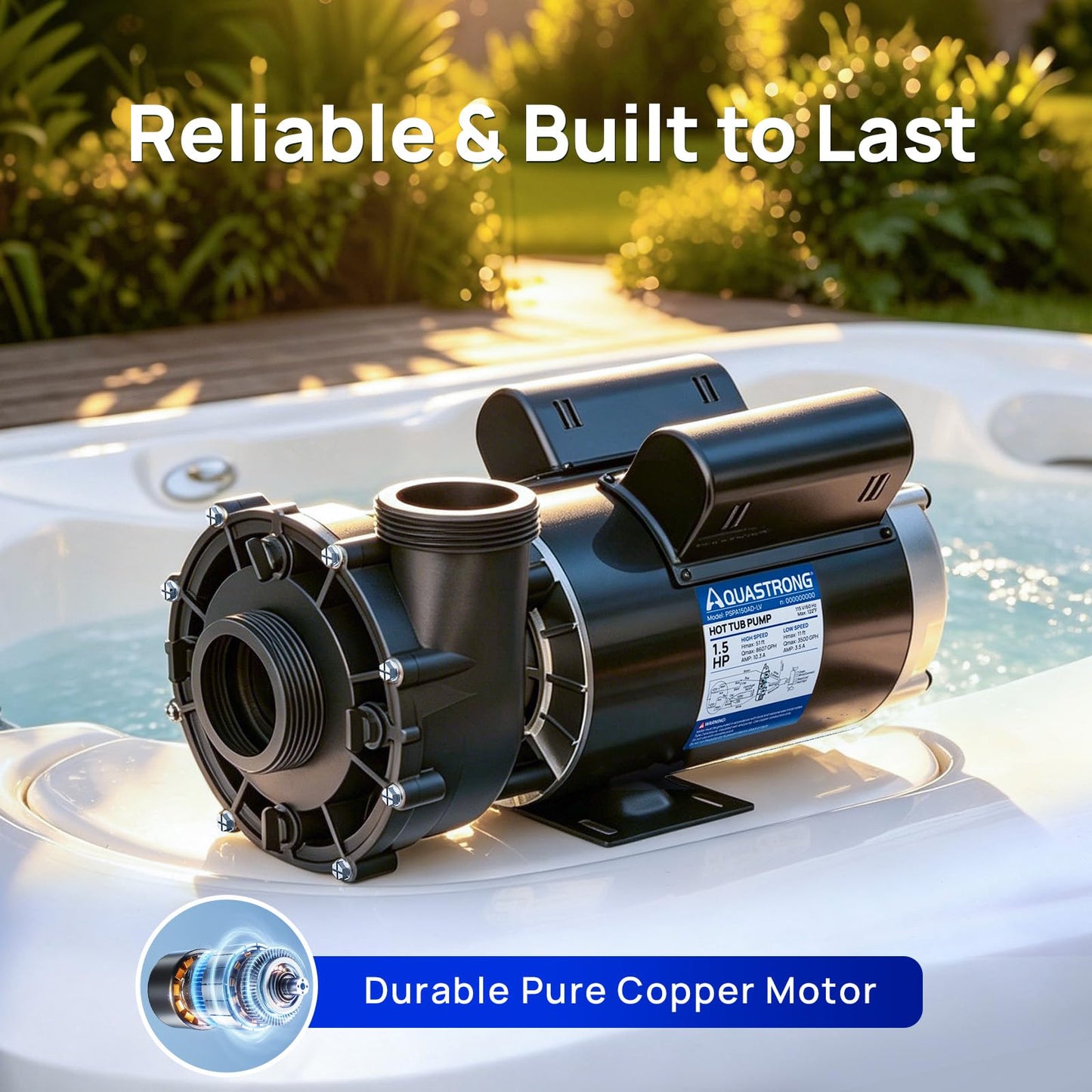Aquastrong SPA Pump, Dual Speed Hot Tub Pump, Pure Copper Motor, Low Noise, Easy Installation with 1.5" & 2" Adapters, 90° Rotating Inlet & Outlet, Compatible with Hot Tubs & Spa Systems, Light Grey