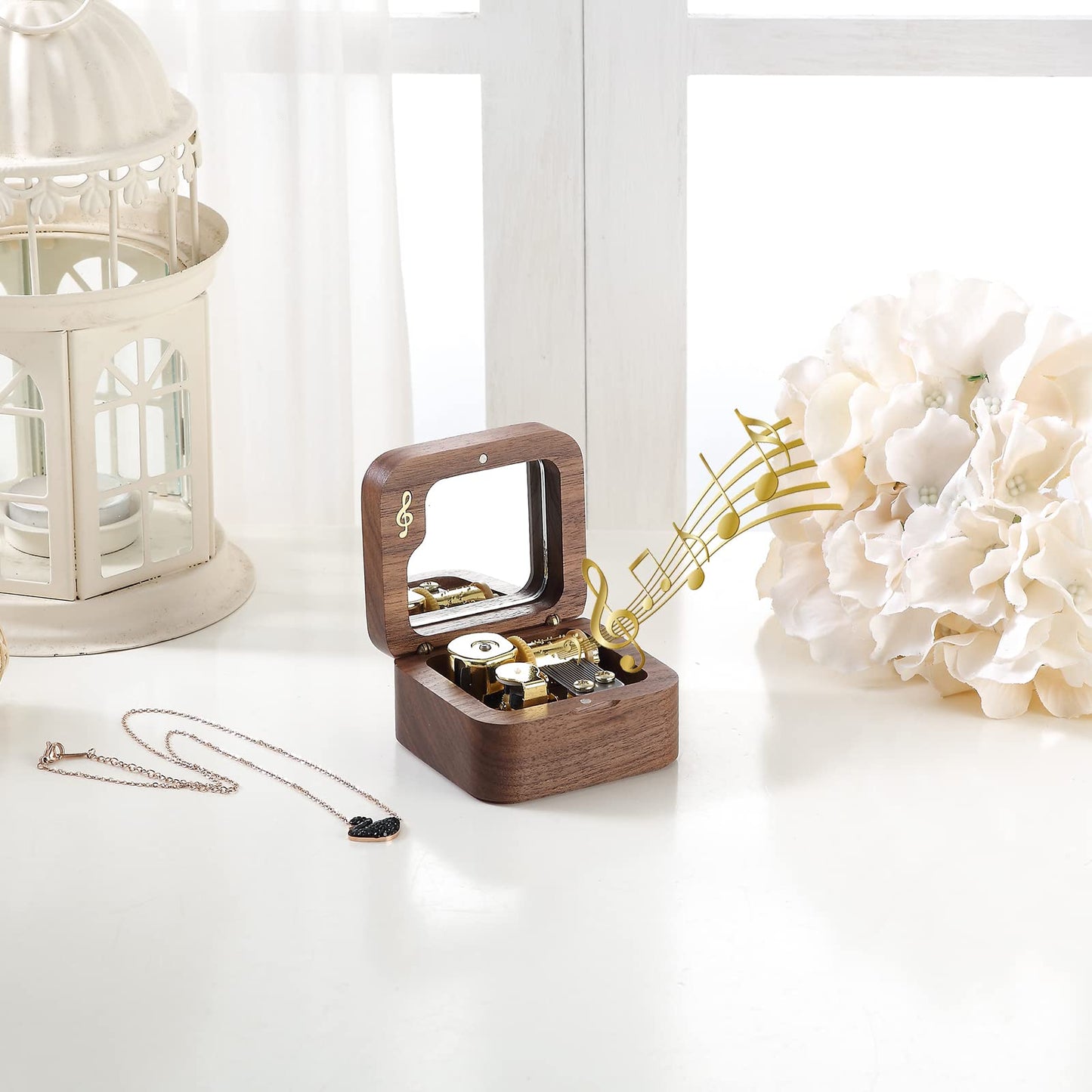 JYmusic Wooden Wind-up Music Box Natural Walnut Square Note Music Box, Birthday Mother's Day Children's Day Christmas Gift ( Tune: You Are My Sunshine )