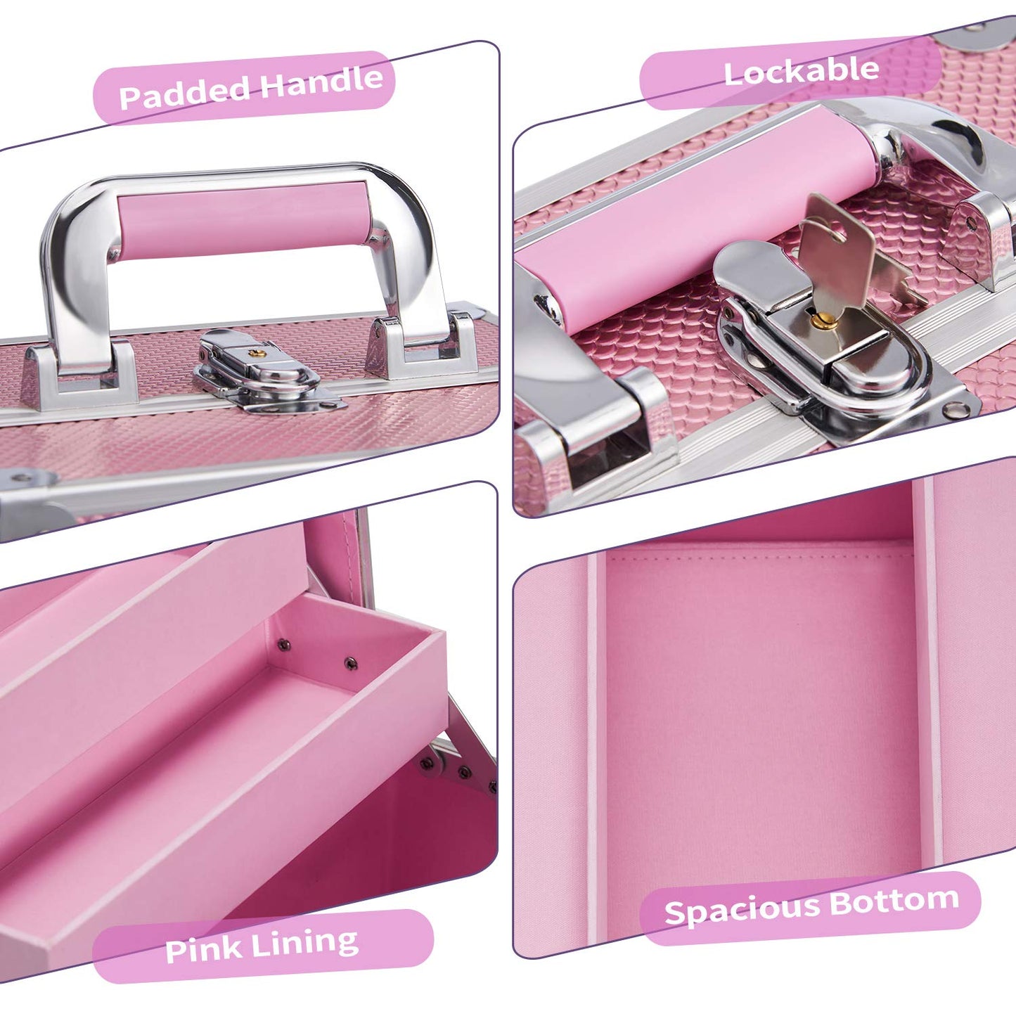 Frenessa Makeup Box Organiser Cosmetics Case Jewellery Organiser Box Vanity Case Pink Make Up Storage Beauty Case Lockable with Keys