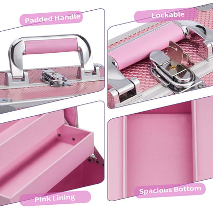 Frenessa Makeup Box Organiser Cosmetics Case Jewellery Organiser Box Vanity Case Pink Make Up Storage Beauty Case Lockable with Keys