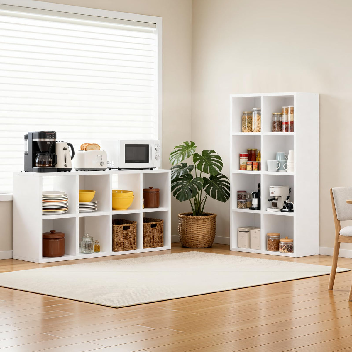 LUCKLIFE 8-Cube Storage Organizer, Stackable Modular Bookcase Shelf with Vertical or Horizontal Use, Fits 11×11" Bins, Optional Back Panels, for Living Room, Office, White